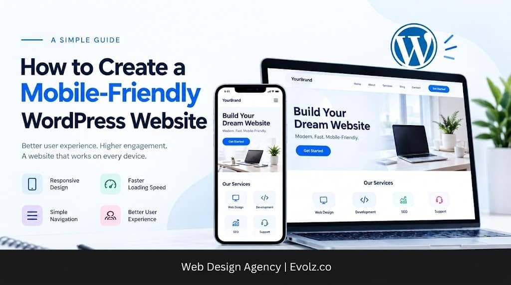 Hero banner showing a laptop and smartphone displaying a website, with the headline about mobile-friendly WordPress sites.