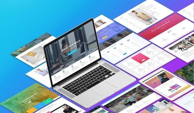 Laptop showing a website on a blue gradient background with colorful, overlapping page thumbnails fanning out around it, illustrating web design or a portfolio gallery.