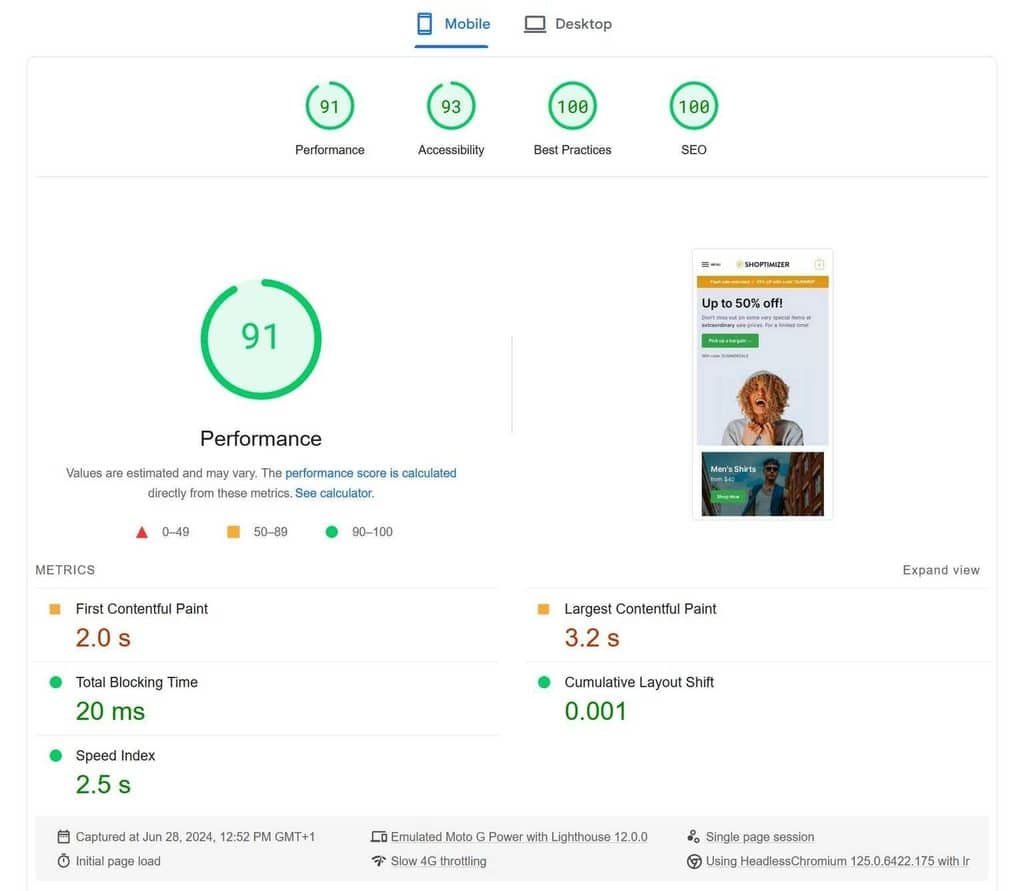 Mobile Lighthouse report showing performance score 91 with other category scores (Accessibility 93, Best Practices 100, SEO 100) at the top tab bar.