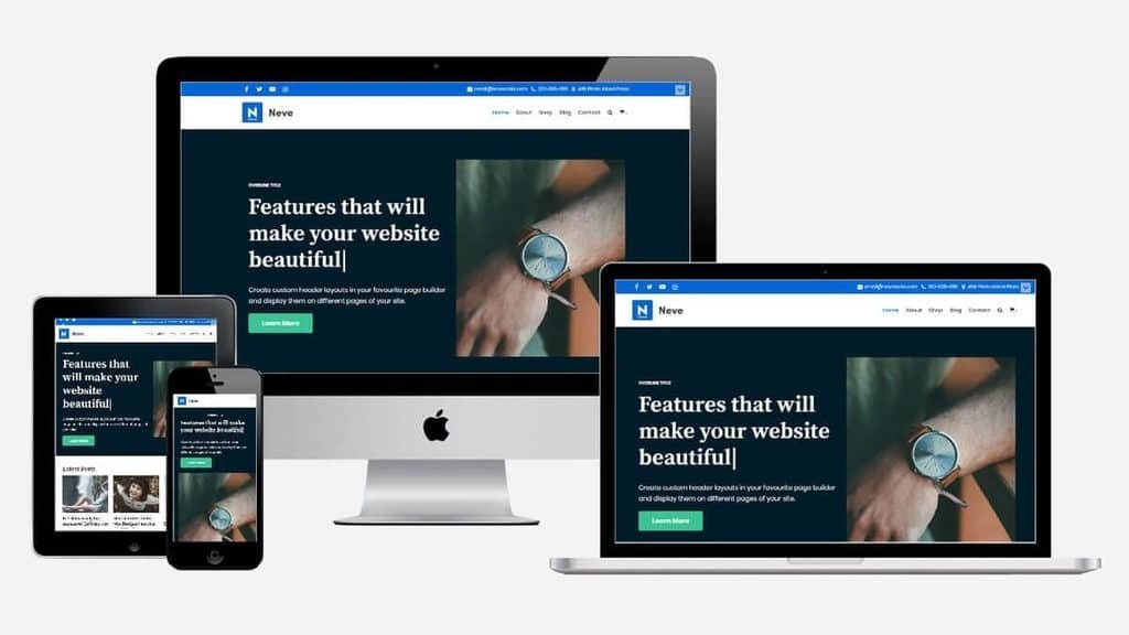 Responsive web design mockup shown on tablet, smartphone, desktop, and laptop with a dark hero and a wristwatch image.