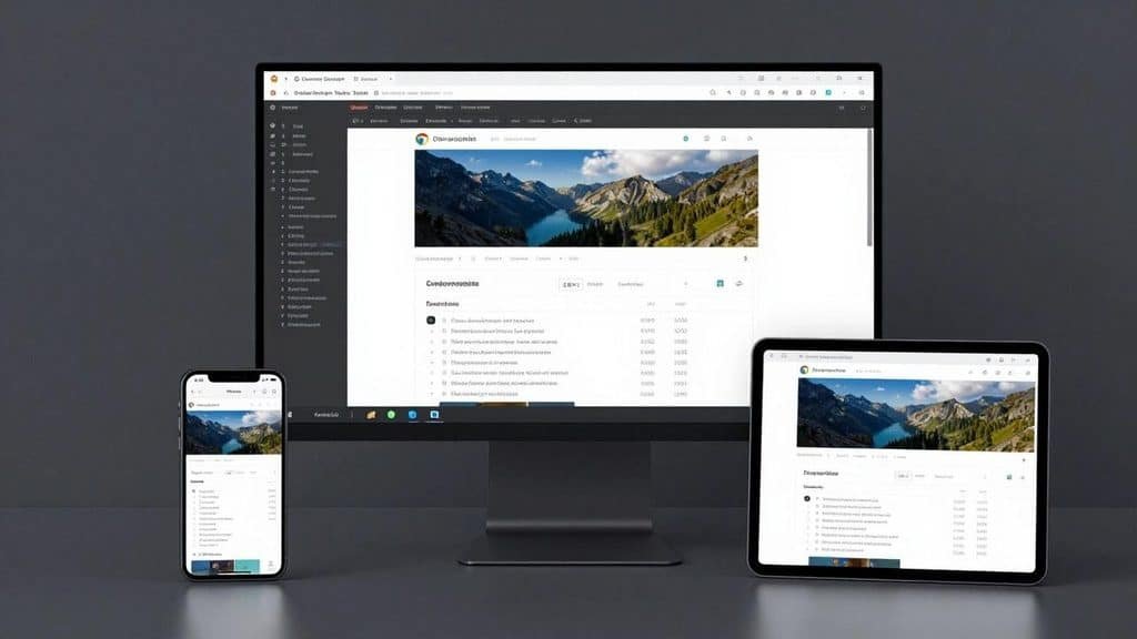 Multi-device view: a desktop monitor, tablet, and smartphone all showing the same dashboard with a mountain landscape header and data table.