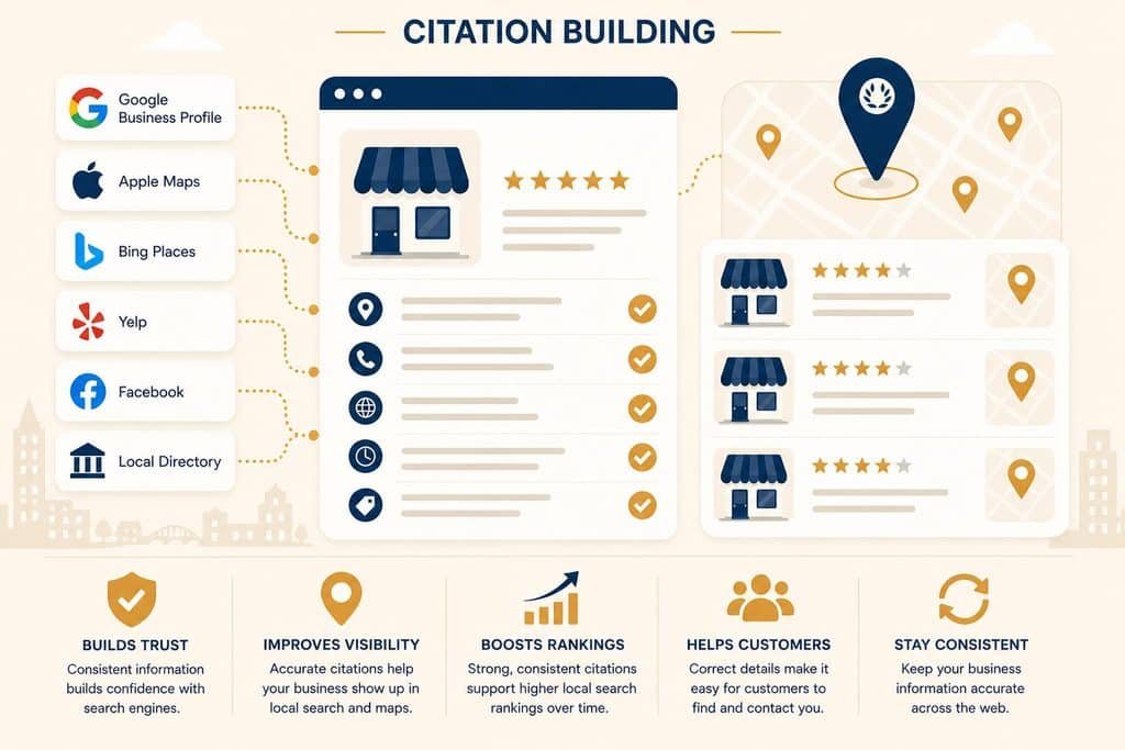 Infographic showing citation building: left panel lists directories (Google Business Profile, Apple Maps, Bing Places, Yelp, Facebook, Local Directory) linked to a central storefront page, with a map and pins on the right and five bottom benefit icons/texts about trust, visibility, rankings, customers, and consistency.