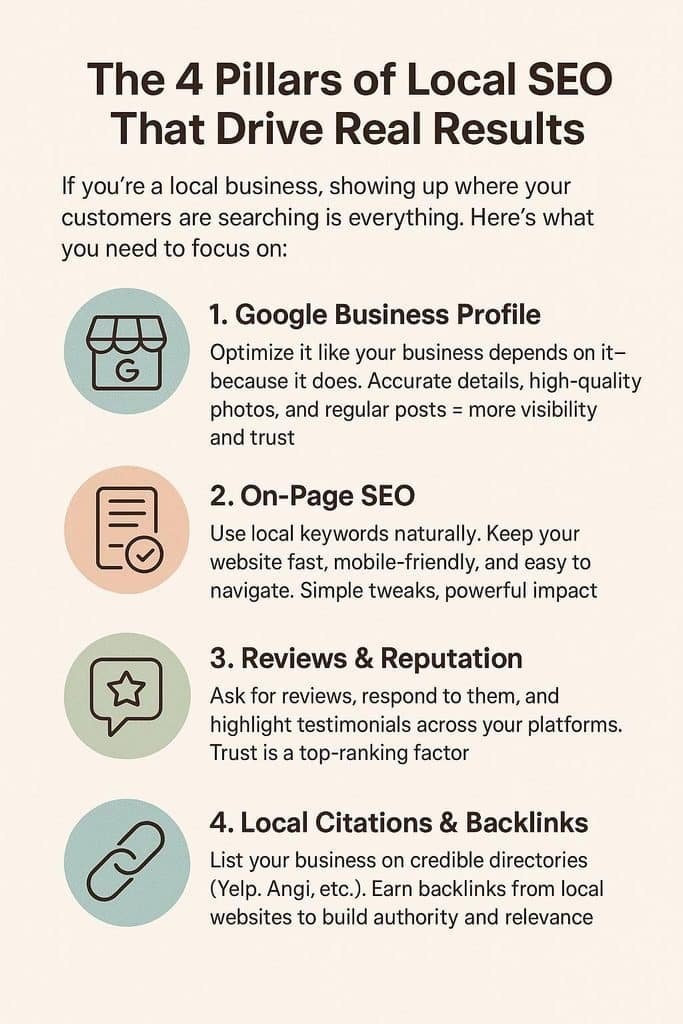 Infographic listing the four pillars of local SEO: Google Business Profile, On-Page SEO, Reviews & Reputation, Local Citations & Backlinks.