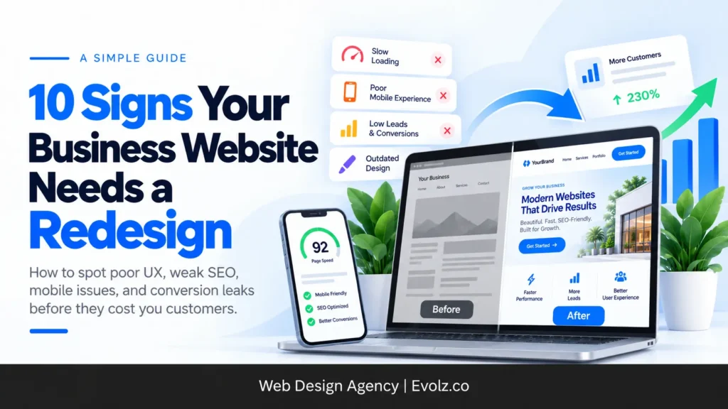 Hero banner with the headline '10 Signs Your Business Website Needs a Redesign' in bold blue text, plus a laptop showing a website mockup, a smartphone speed gauge, plants, and floating UI cards in a bright office-like scene.