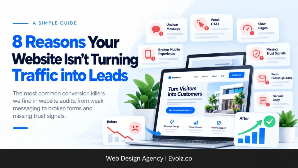 8 Reasons Why Website is Not Converting - Evolz Digital Hero banner for a guide:'8 Reasons Your Website Isn't Turning Traffic into Leads' with a laptop mockup and blue typography.