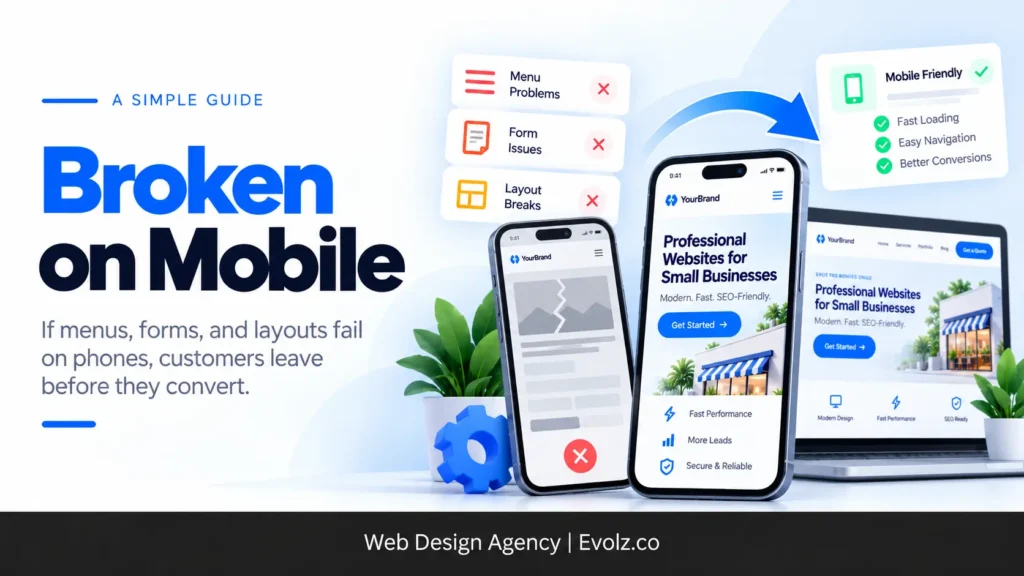 Bold headline reads'Broken on Mobile' with stacked devices showing mobile websites and UI blocks, signaling poor mobile usability for a web design article or service.