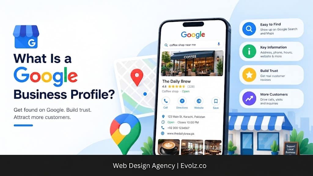 Advertisment-style banner about Google Business Profile showing the phrase 'What Is a Google Business Profile?' with a smartphone displaying a business listing and map pin nearby.