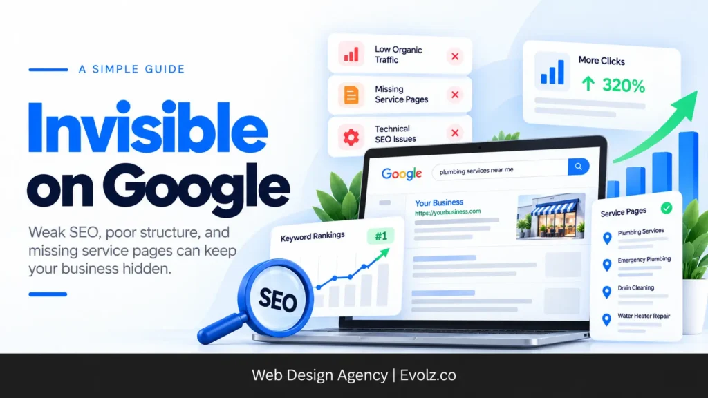 Promotional banner:'Invisible on Google' headline with SEO graphics, a laptop, and rising charts.