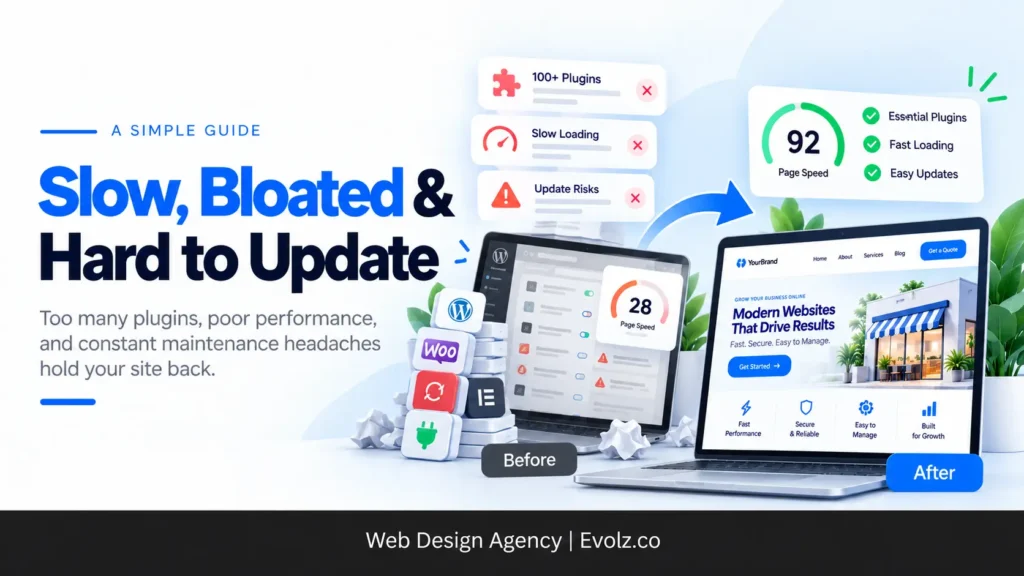 Hero-comparison banner showing a messy, slow WordPress setup before and a streamlined after with a modern website on a laptop screen and a fast performance gauge after improvements.
