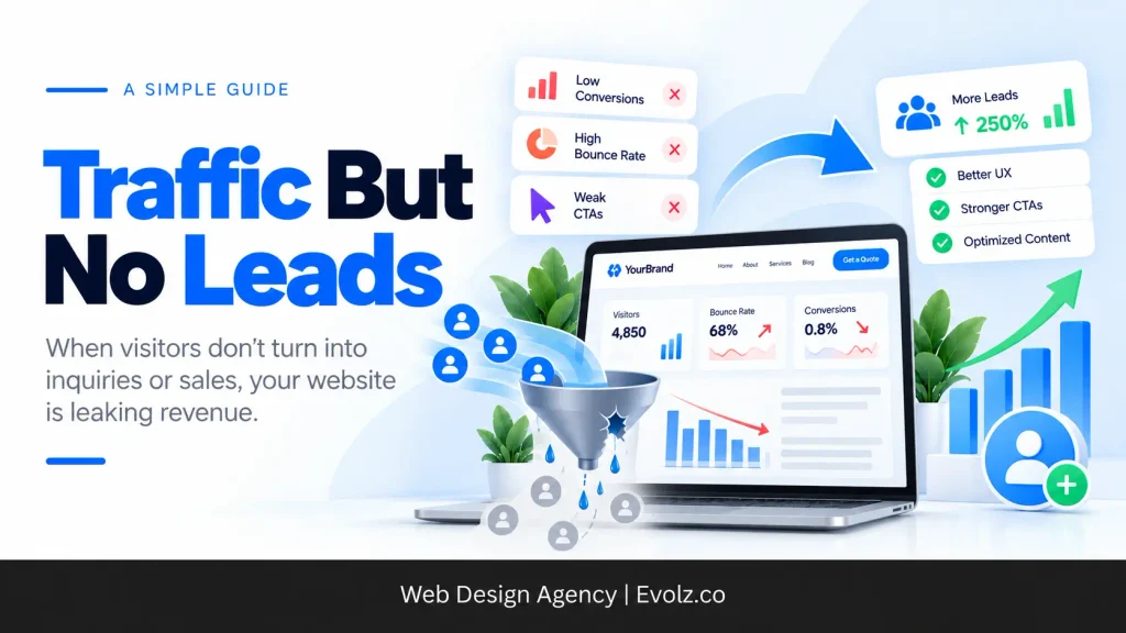 Banner hero: 'Traffic But No Leads' headline with a laptop dashboard, funnel, and rising graphs representing web analytics.