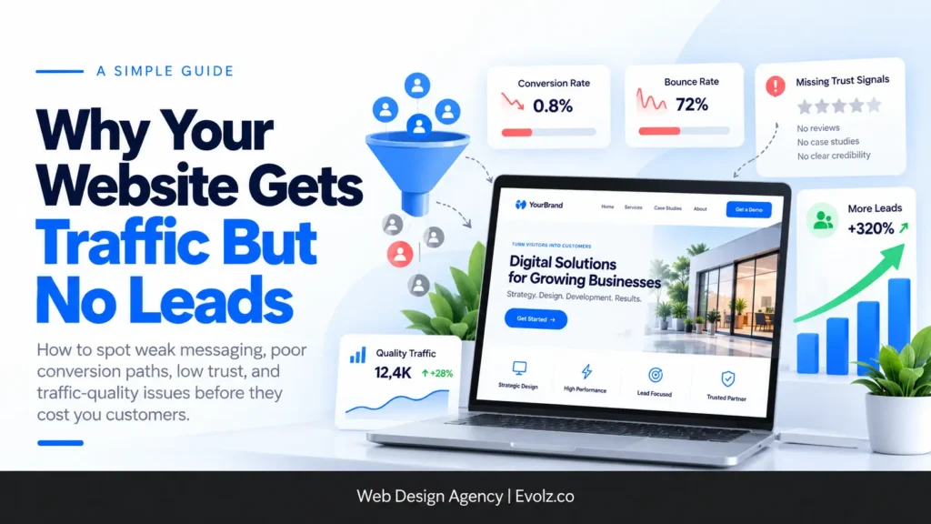 Hero banner with bold headline 'Why Your Website Gets Traffic But No Leads', funnel and user icons, charts, and a laptop showing a website.