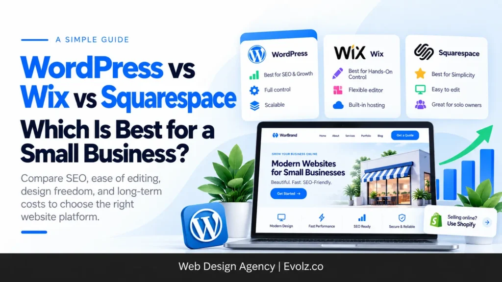 Hero banner comparing WordPress, Wix, and Squarespace with a large blue headline and laptop mockup showing a website design.
