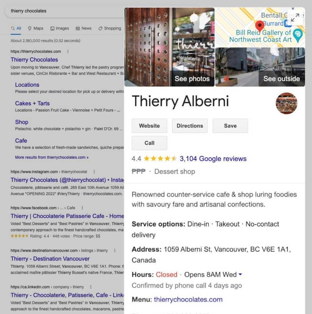 Google search results for Thierry Chocolates on the left and Thierry Alberni’s Google Business profile with photos, hours, and contact buttons on the right.]","Left side shows Thierry Chocolates search results; right side shows Thierry Alberni profile with Website, Directions, Save, Call, and Vancouver address.","Split view: search results for Thierry Chocolates paired with a Google business listing for Thierry Alberni, including photos and action buttons (Website, Directions, Save, Call).","A composite image: on the left, a search results page for Thierry Chocolates; on the right, a business profile with images, name (Thierry Alberni), and location in Vancouver.","Informational image showing a Google search results panel for Thierry Chocolates and a Google business profile for Thierry Alberni with location details and contact options."]} }{} IPv4} }})} }} } } } } } } } } } } } } }}}`````oops to short, fix JSON. The final should be proper JSON with array of strings. Let's provide properly. Wait format: {