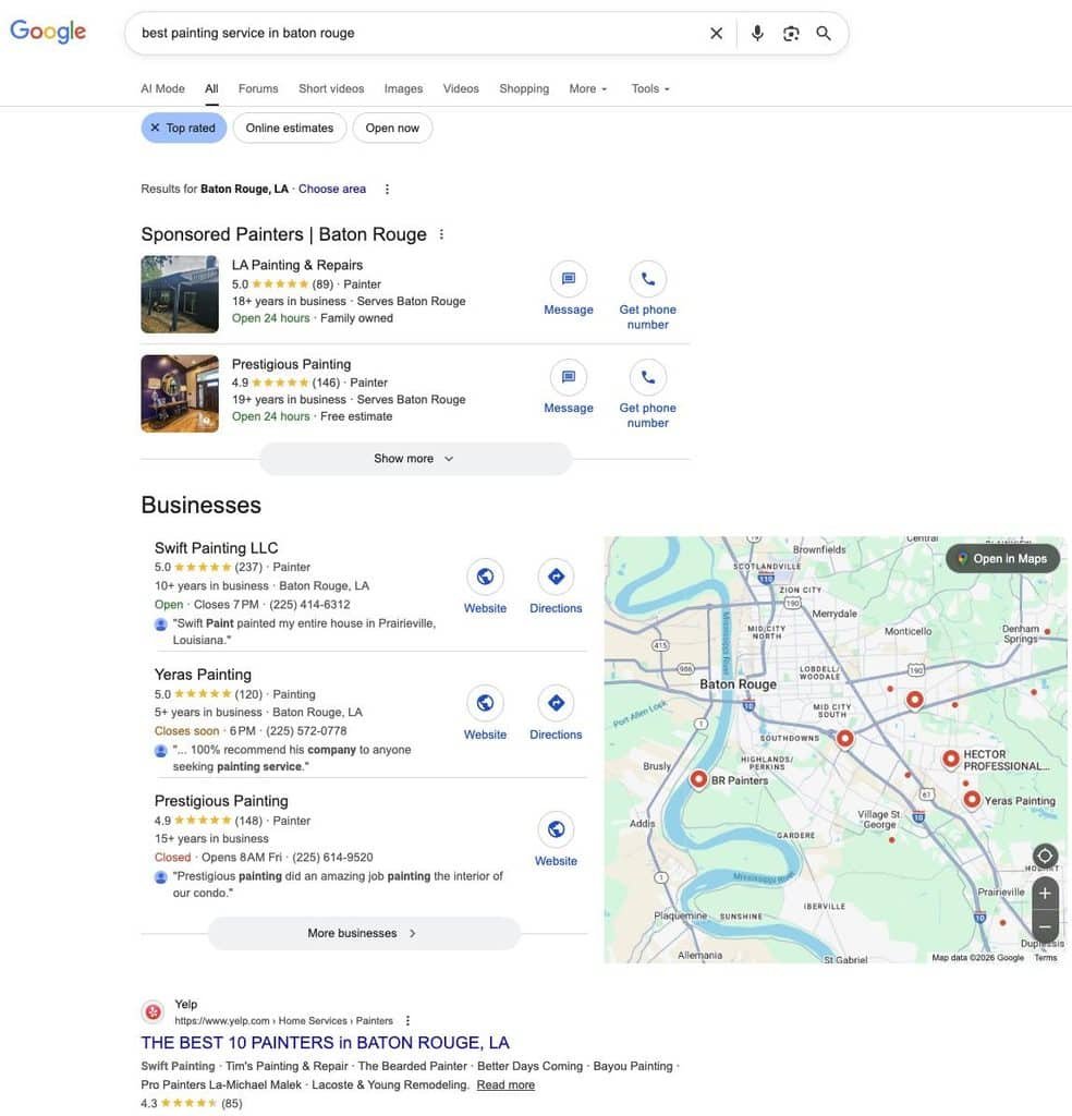 Google search results for 'best painting service in Baton Rouge' showing sponsored painters and a map, with business listings below.